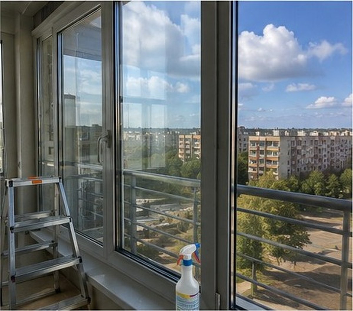 Meistars uzlīmē logu plēvi dzīvojamās istabas stiklam Rīgā